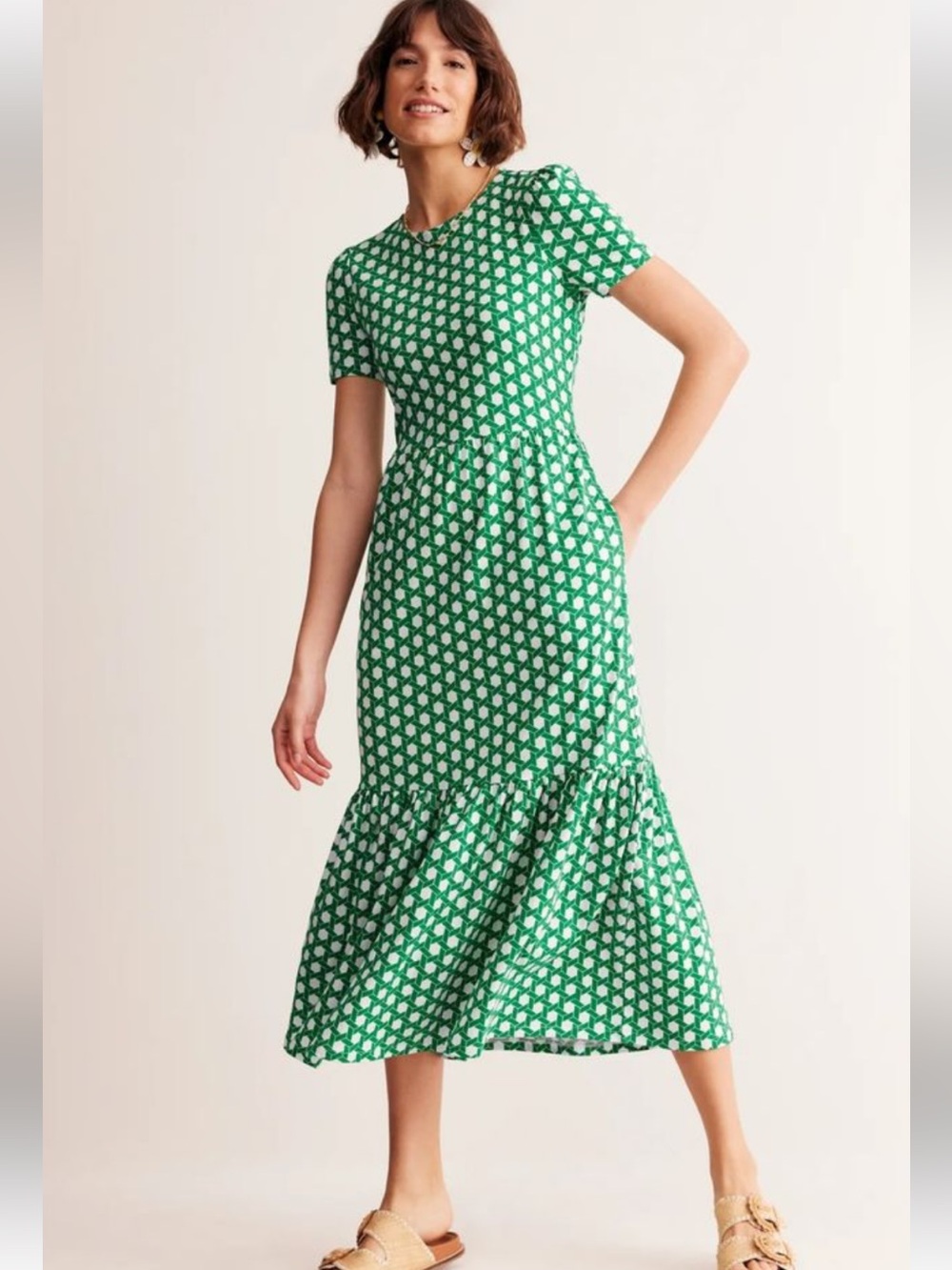 Boden Emma Tiered Green Print Midi Dress (8 Petite)